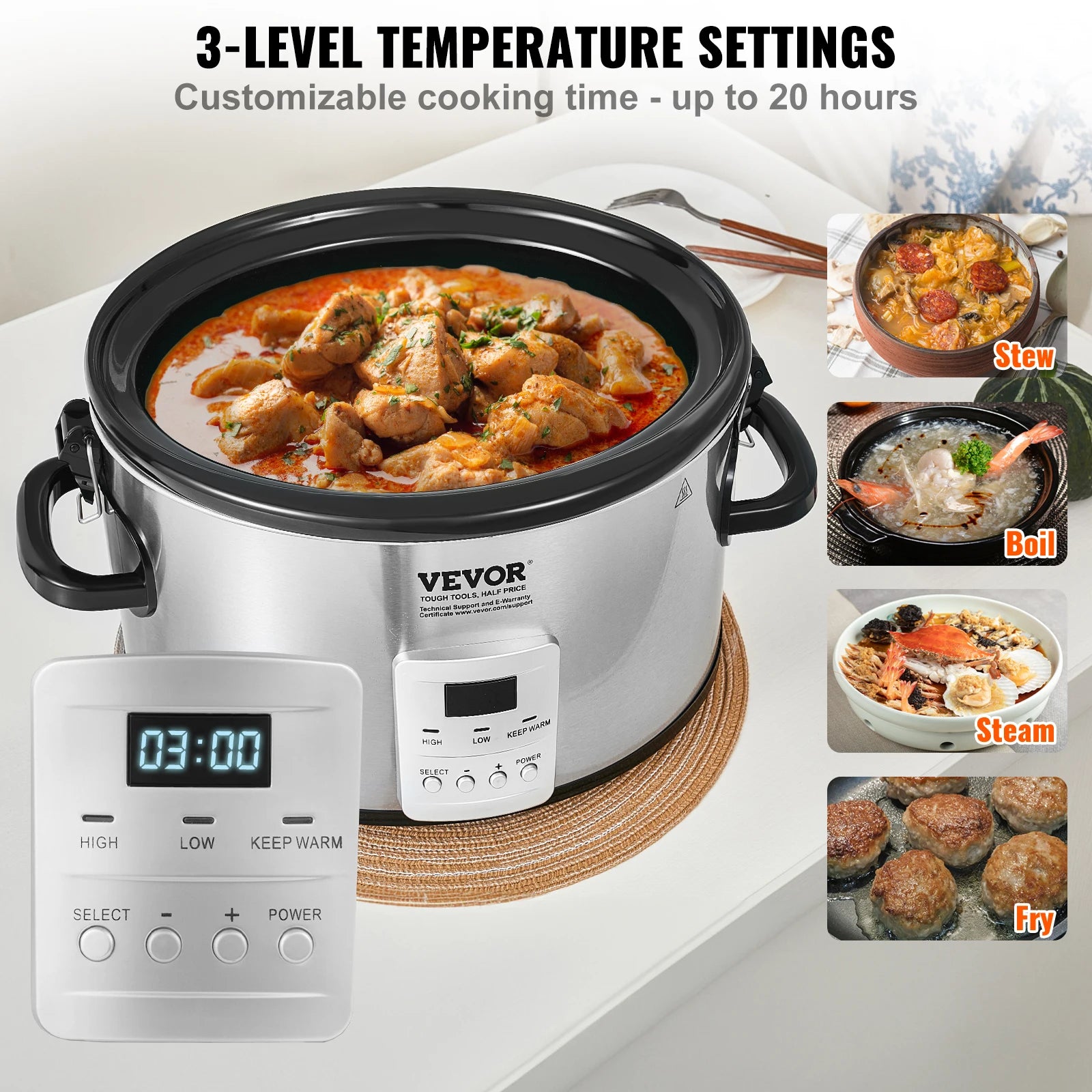 8QT Digital Slow Cooker with Ceramic Pot & Locking Lid