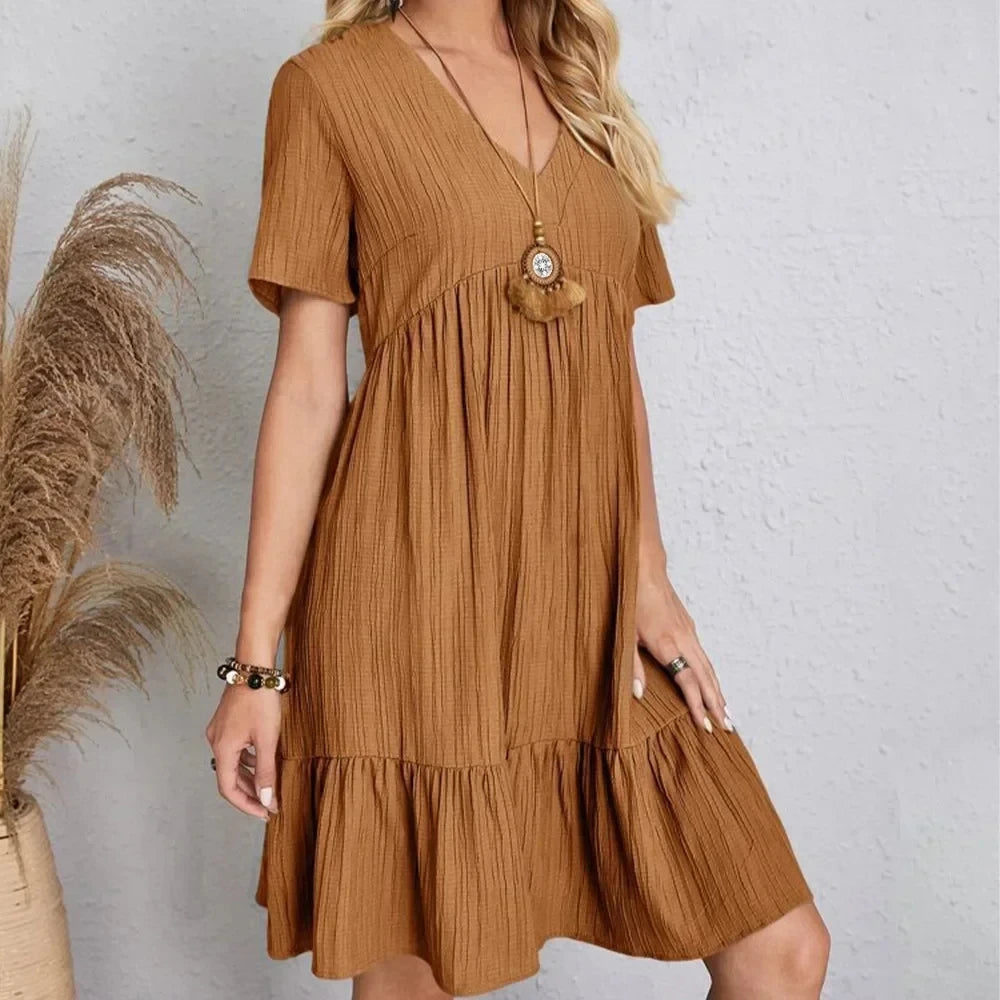 Women Summer Peplum Dresses Spring V-Neck Short Sleeve Loose Waist Ruffle Fit Flare Vocation Dresses 