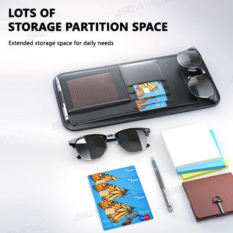 SEAMETAL 9 in 1 Sun Visor Organizer for Car PU Leather Zipper Storage Bag Net Pouch Auto Storage Pocket with Glasses/Card Holder