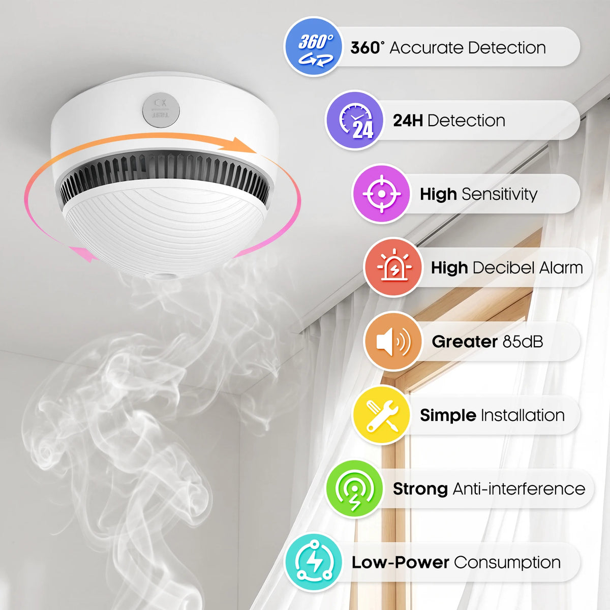 DC 3V Smoke Detector  85dB Self-check Function 10-Year Sensor Lifespan Battery Powered Smoke Alarm Hallway Garage Apartment Security