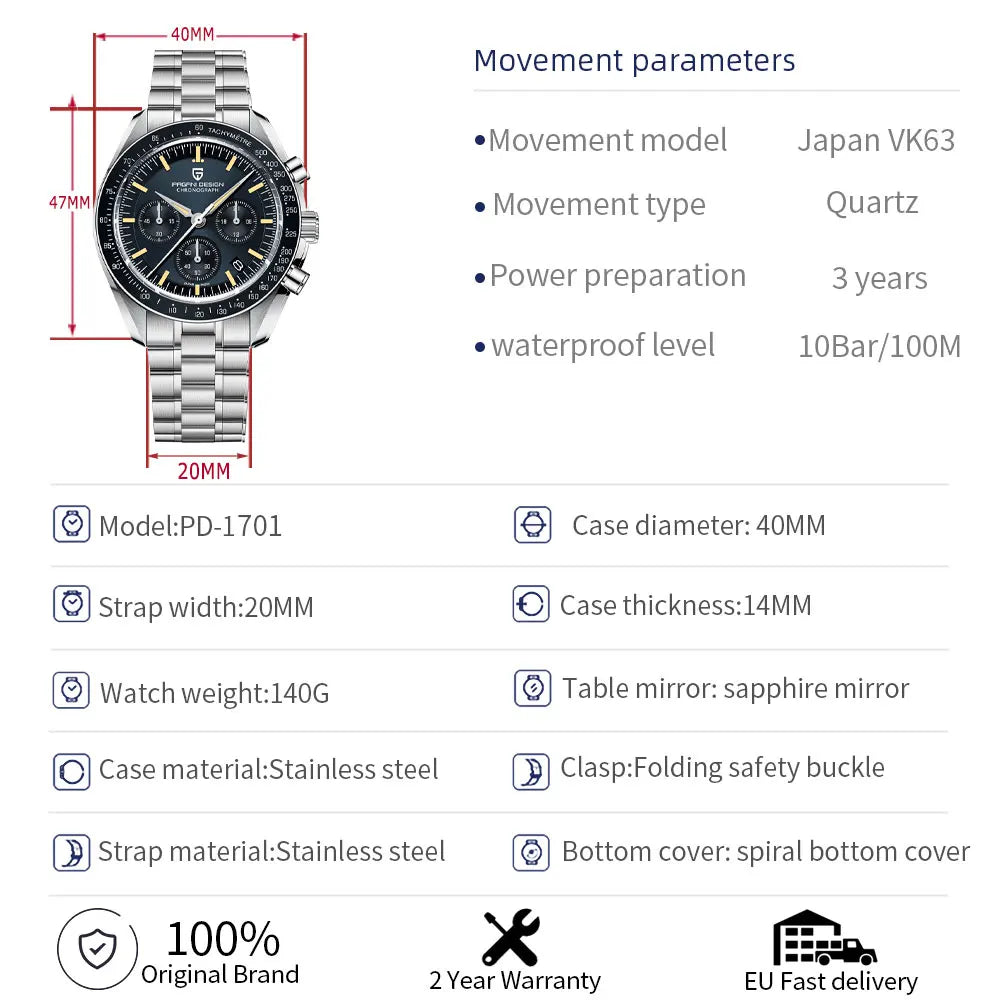 Orologio al quarzo in acciaio Pagani Design PD1701 Moonwatch Cronografo