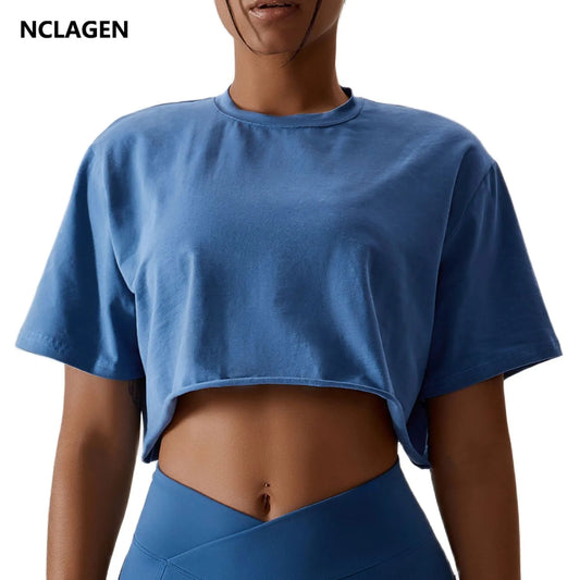 NCLAGEN T-shirt Casual in cotone da donna a maniche corte Danza Sport Abbigliamento da corsa Yoga Fitness Crop Top Camicie larghe da allenamento in palestra