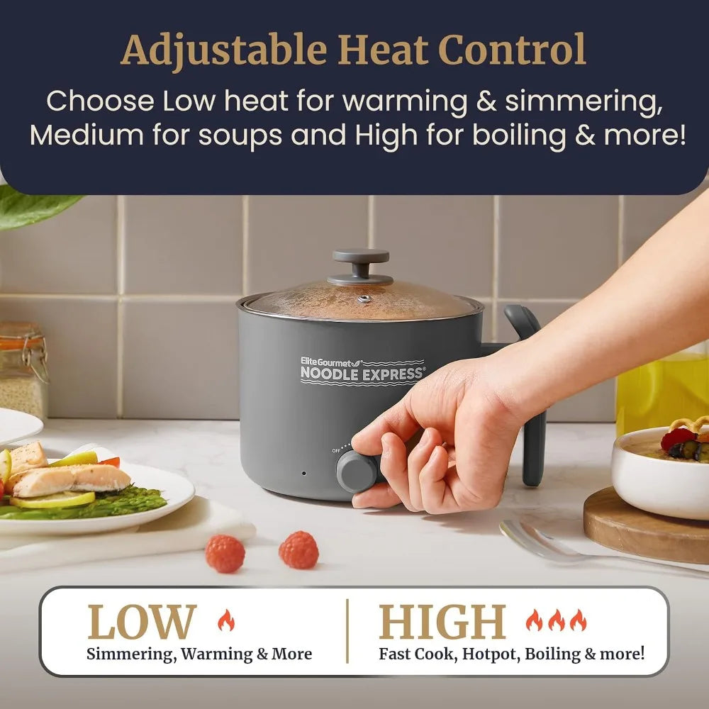 Hot Pot, Prepare Ramen, Rice, Soups, Stews, Boil Water, Stainless-Steel Interior, Glass Lid, High/Low/Off Settings, Grey
