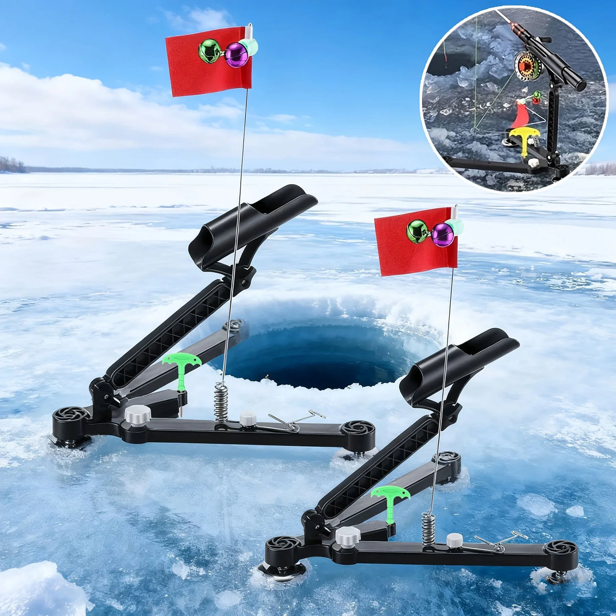 Foldable Ice Fishing Rod Holder with Flag and Bell