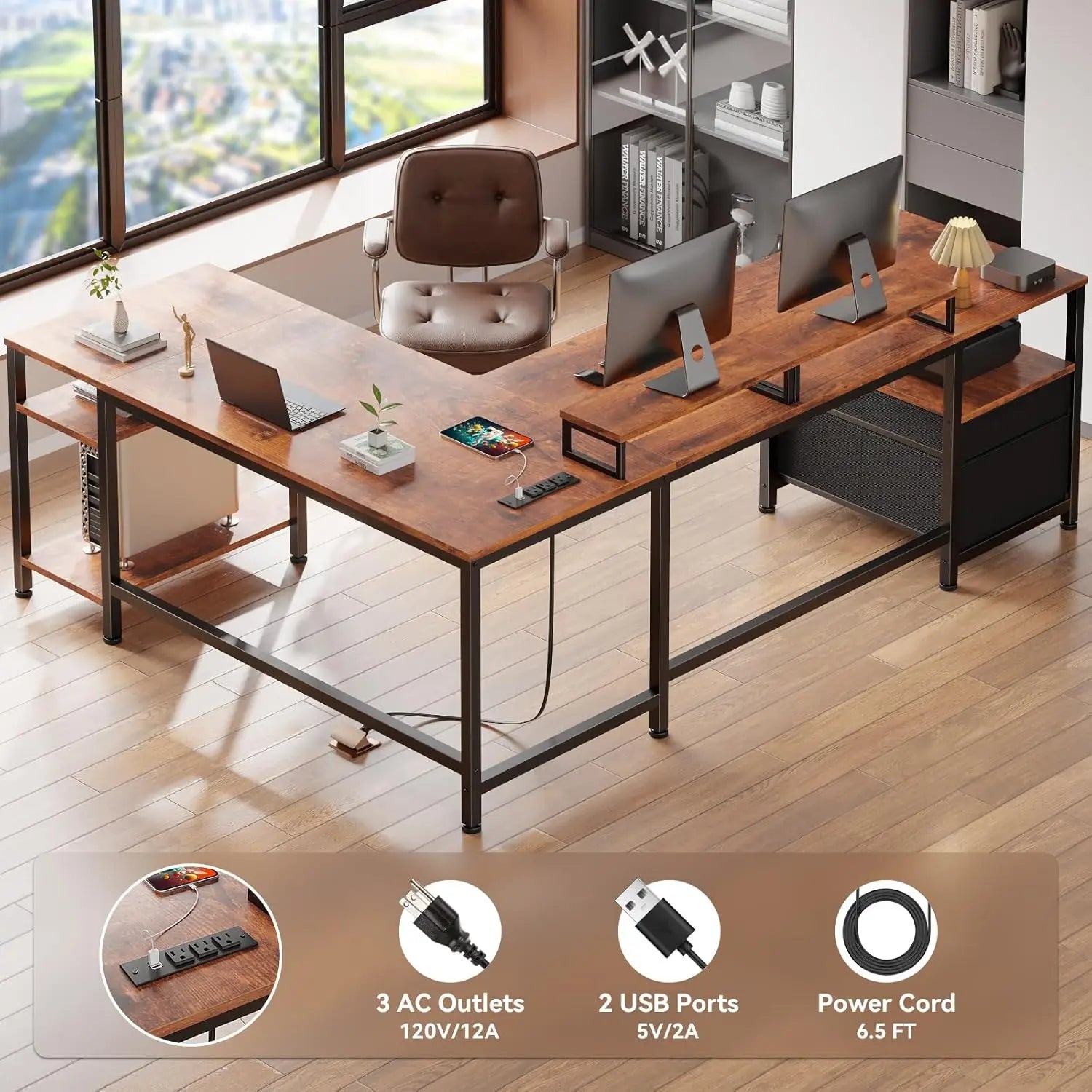 66" L Shaped Desk with Power Outlet, Storage Shelves & Drawer