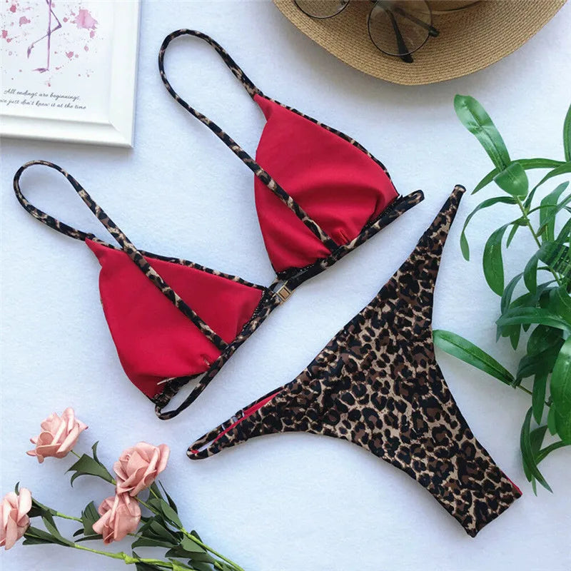 Ženski poletni bikini komplet Biquinis Sexy Animal Leopard potiskan povoj, podložen modrček, kopalke, kopalke, kopalke za plažo