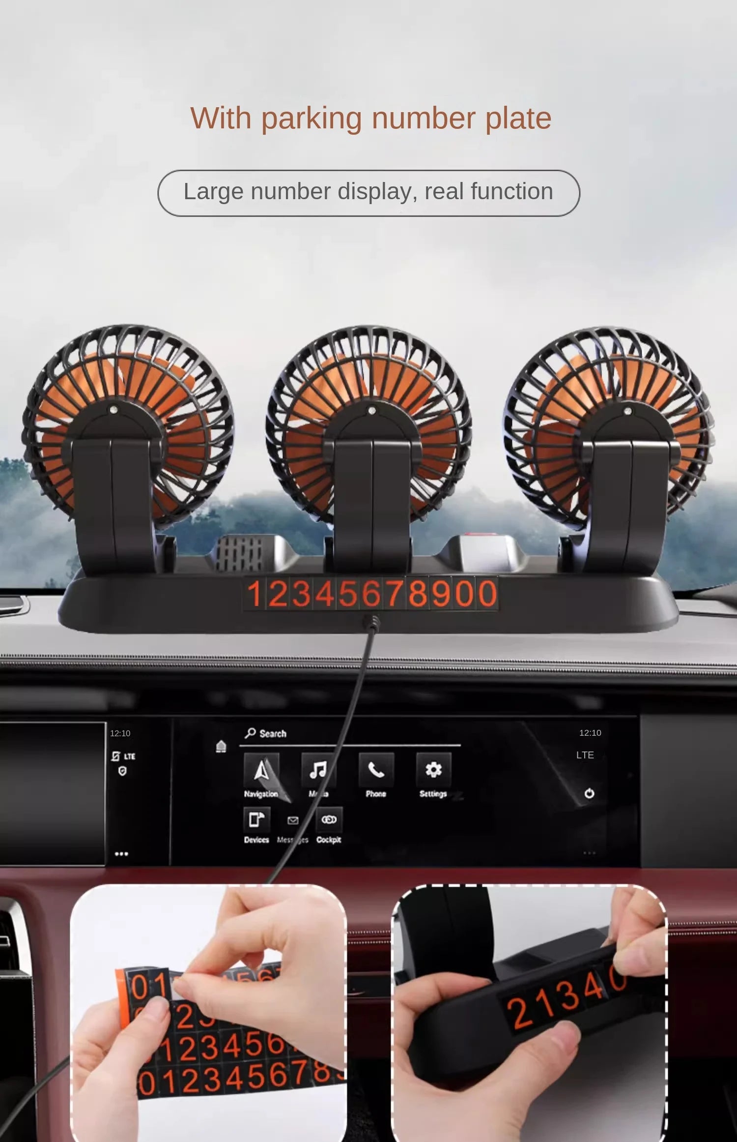 360° Justerbar Dobbelt Hoved Bilventilator med USB & 12V/24V Strøm