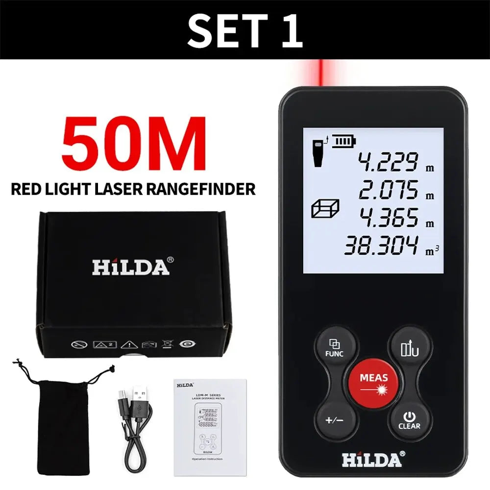 HILDA 50/100/120M Laser Rangefinder Red/Green Light Laser Distance Digital Tape Rechargeable and Measurable Angle Laser Measure 
