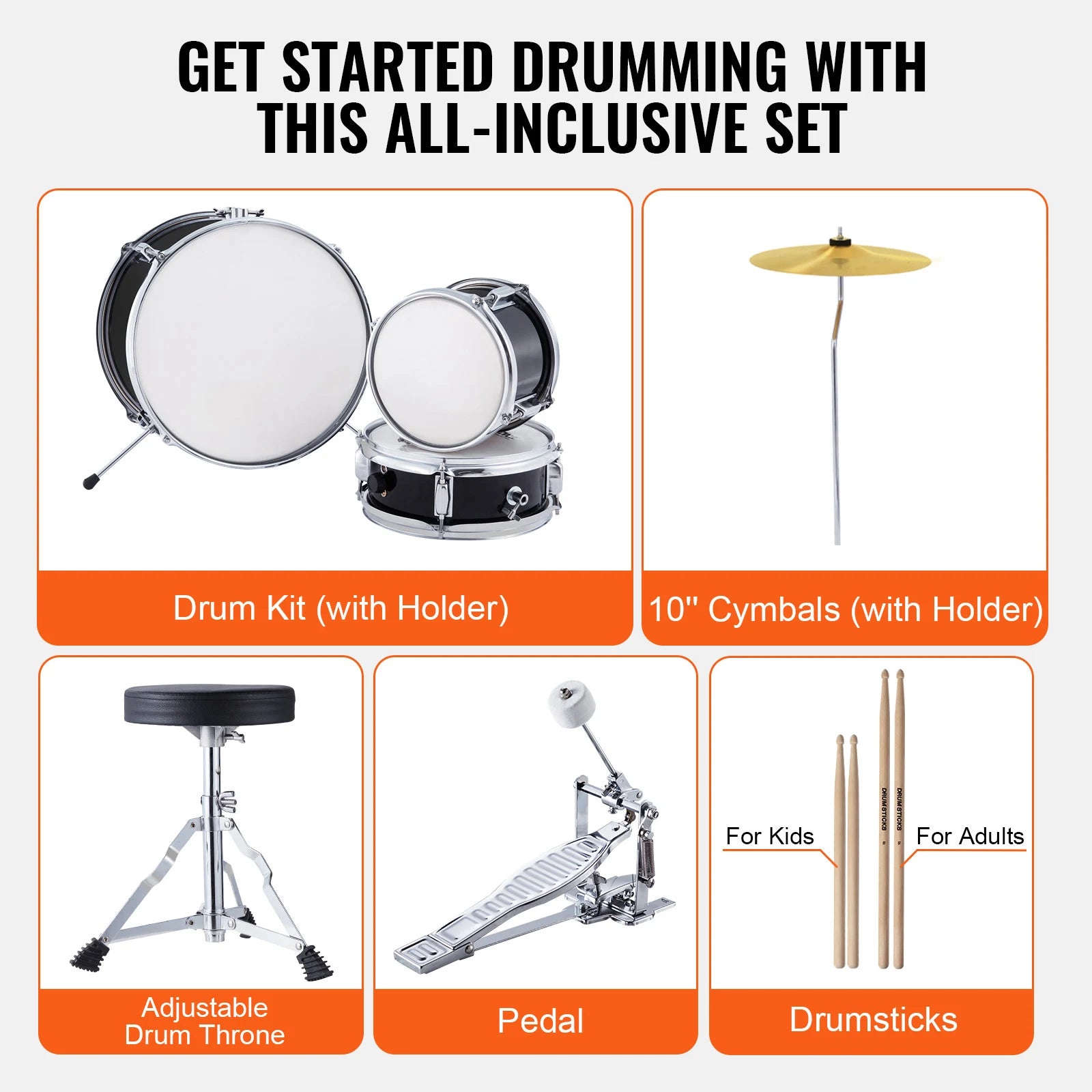 Kids 3-Piece Drum Set with 14" Bass, Adjustable Throne & Cymbal