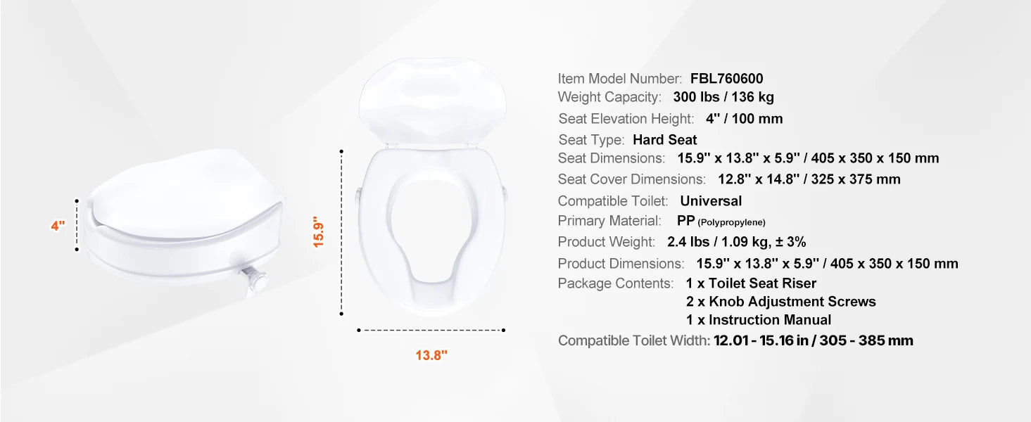 5 tuuman korotettu WC-istuin lukitusjärjestelmällä, 136 kg kantavuus
