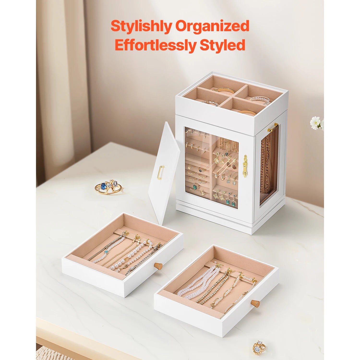 360° Rotating Jewelry Organizer Box with Acrylic Window & Hooks