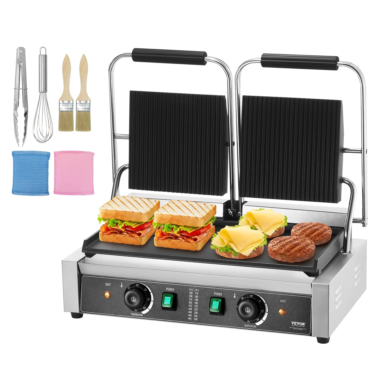 Ipari 3600W-os panini grill hőmérséklet-szabályozással és 19x9 cm-es felülettel