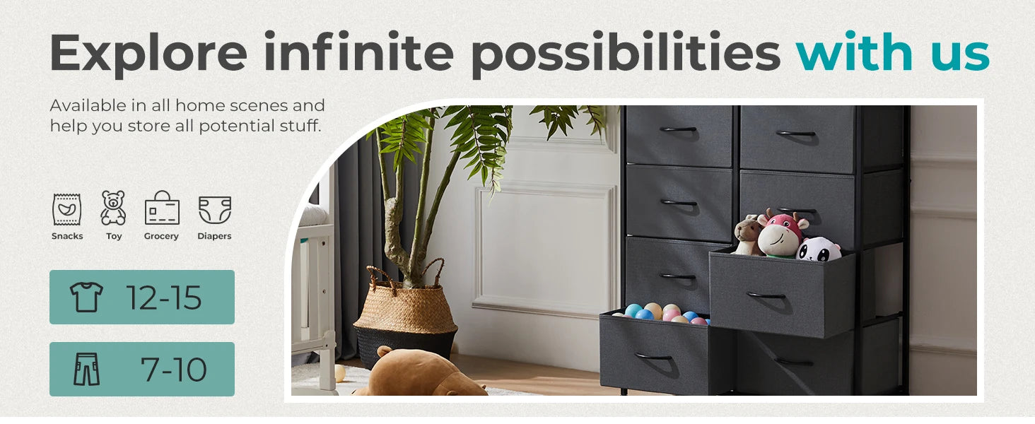 10 Drawer Fabric Dresser Nightstand with Steel Frame Storage