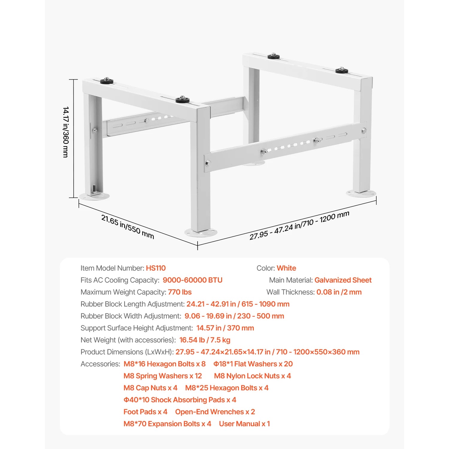Mini Split Ground Stand Adjustable Anti-Vibration Stand for 9000-36000 BTU Outdoor Units