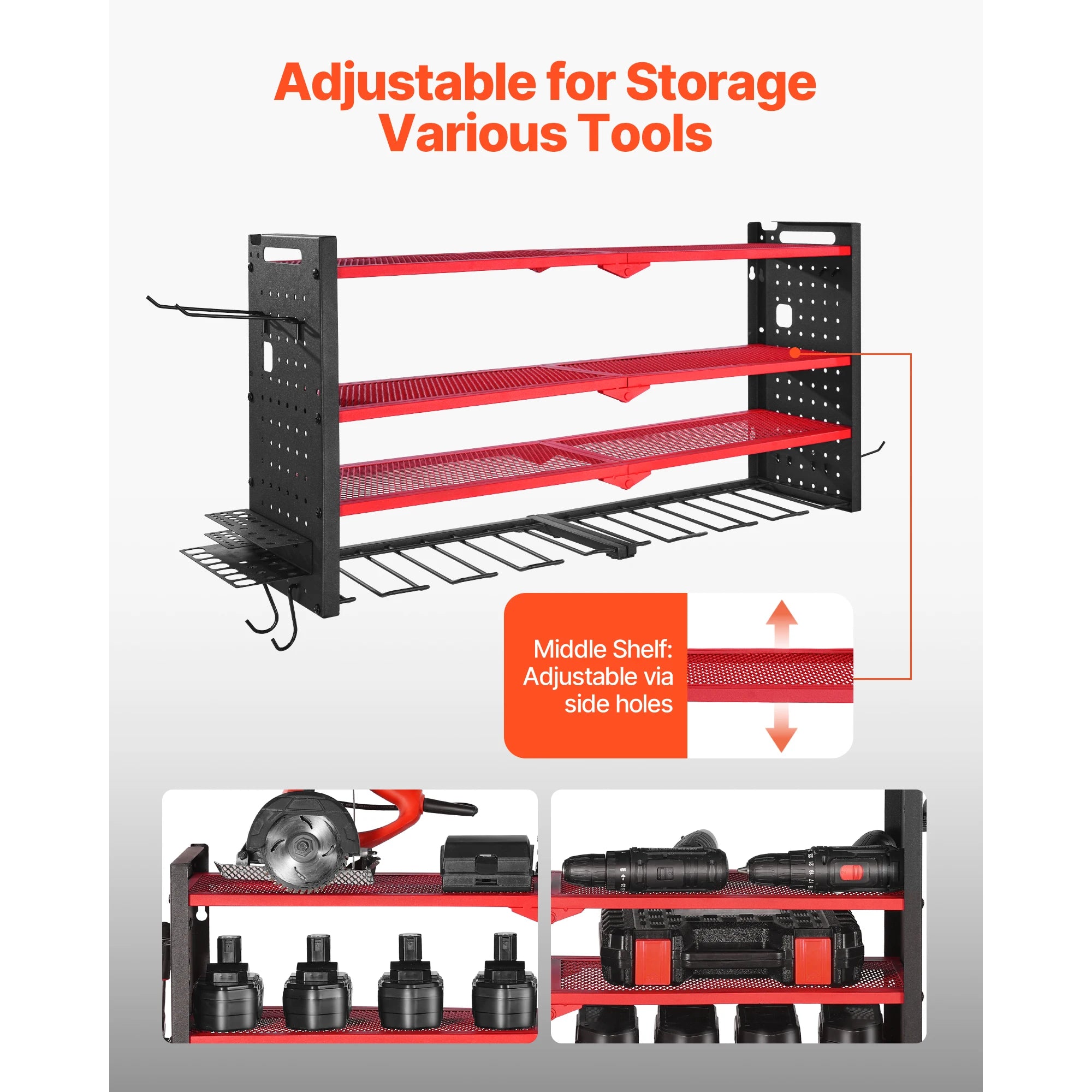 4-Tier Wall Mounted Power Tool Organizer Rack with Pegboard