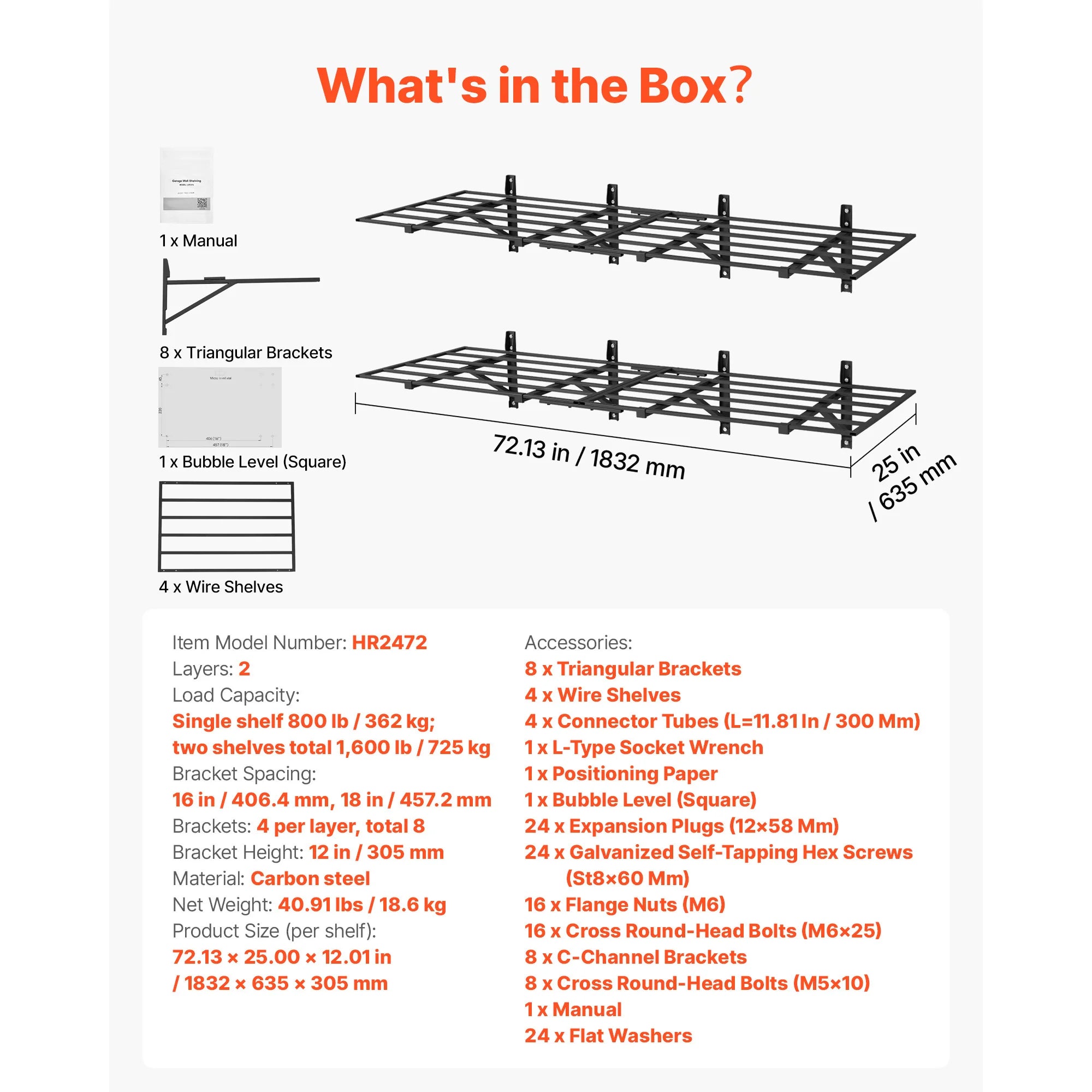 2-Tier Garage Wall Shelving 24x72in Steel Rack 800 lbs Capacity