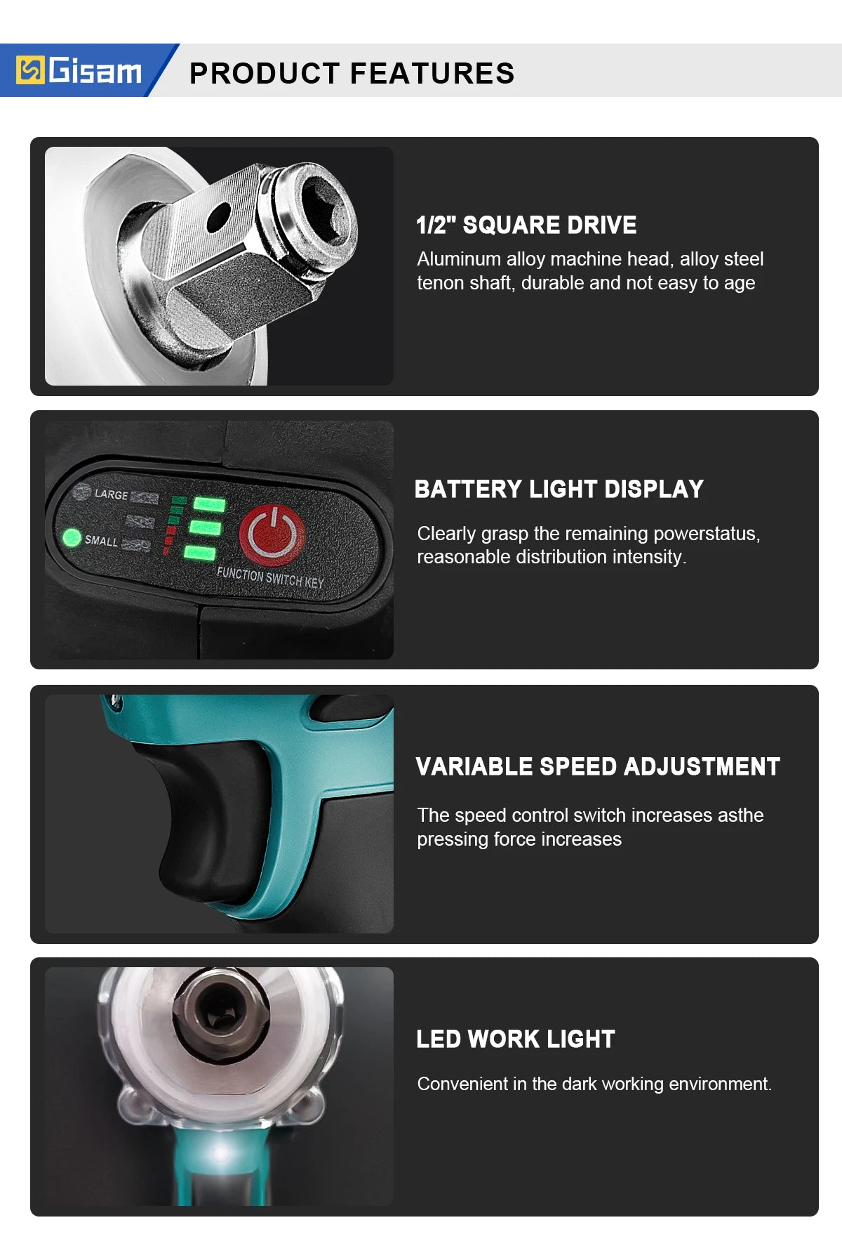 Gisam 520N.M Brushless Electric Impact Wrench for Makita 18V