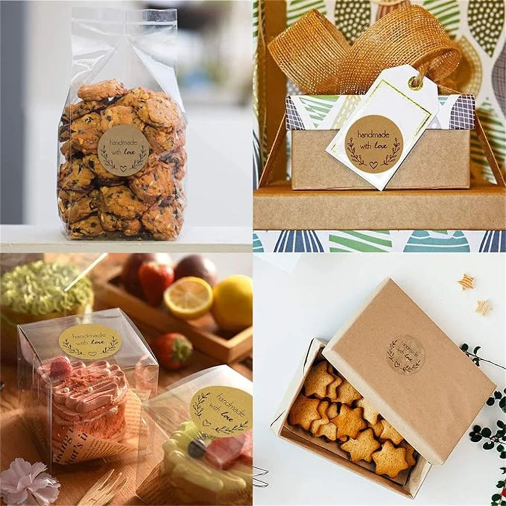 500pcs Handmade with Love Stickers Vintage Kraft Paper Stickers Stationery Label Baking Kraft Paper Stickers Scrapbook Gift