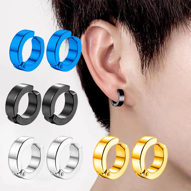 2 Pcs Classic Korean Punk Stainless Steel Ear Clip Earrings for Men Women Black No Pierced Fake Ear Circle New Pop Jewelry 
