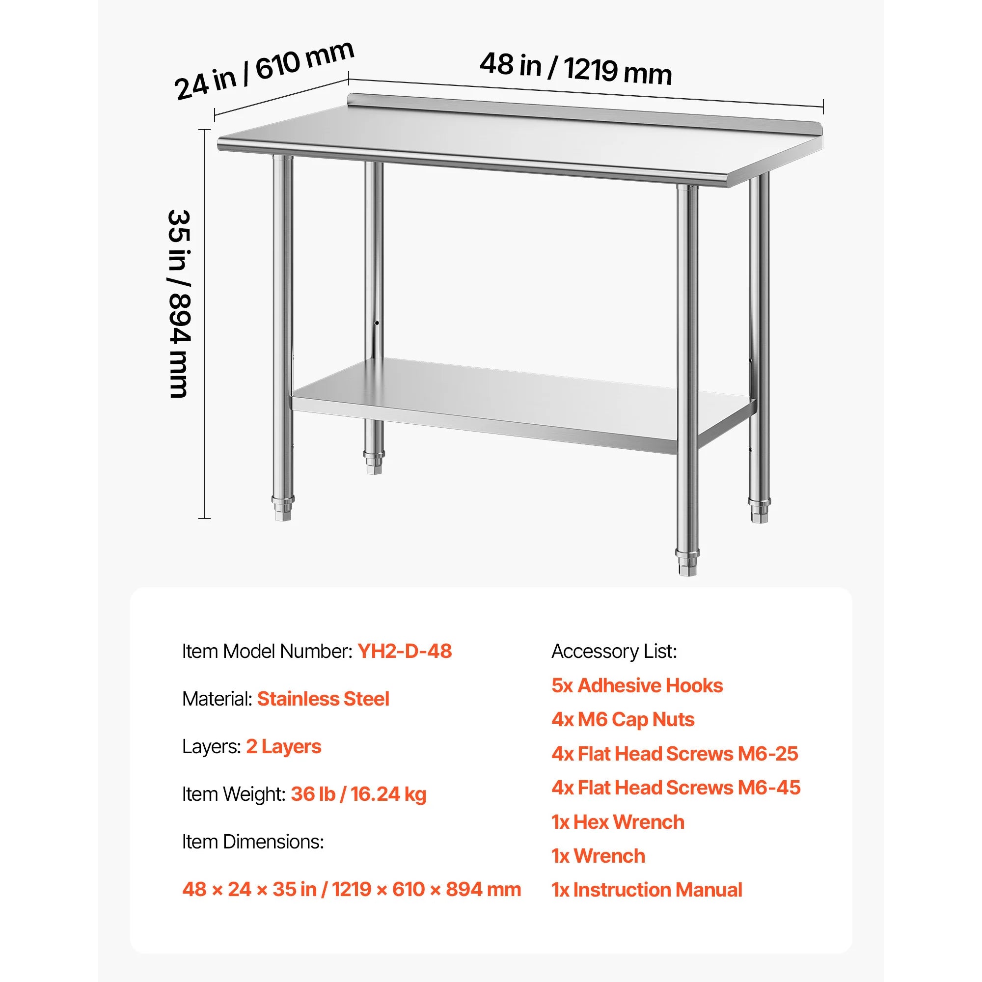 SucceBuy Stainless Steel Work Table with Backsplash Adjustable Undershelf Metal Utility Worktable for Restaurant Home Outdoor