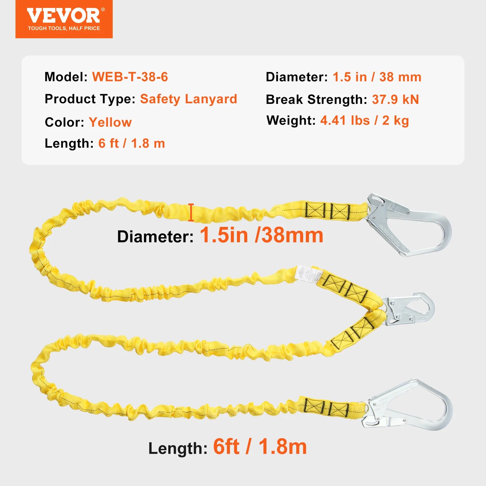 38mm Safety Lanyard 6ft Retractable Fall Protection Belt Yellow