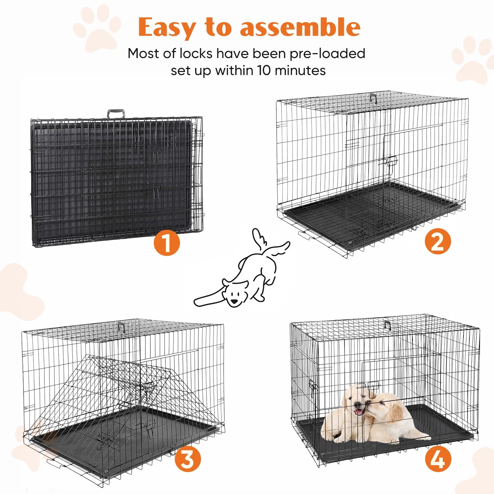 48 Inch Folding Metal Dog Crate with Double Doors & Leak-Proof Tray