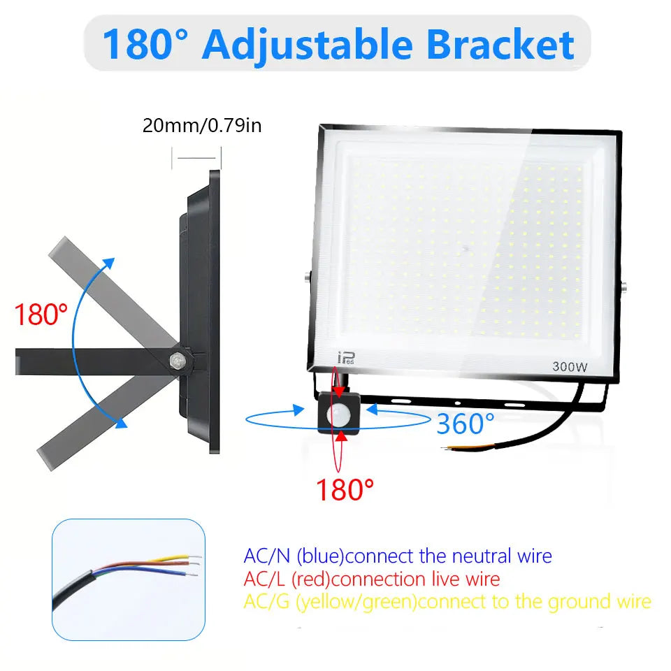 Outdoor LED Floodlight with PIR Sensor, 20 W to 300 W