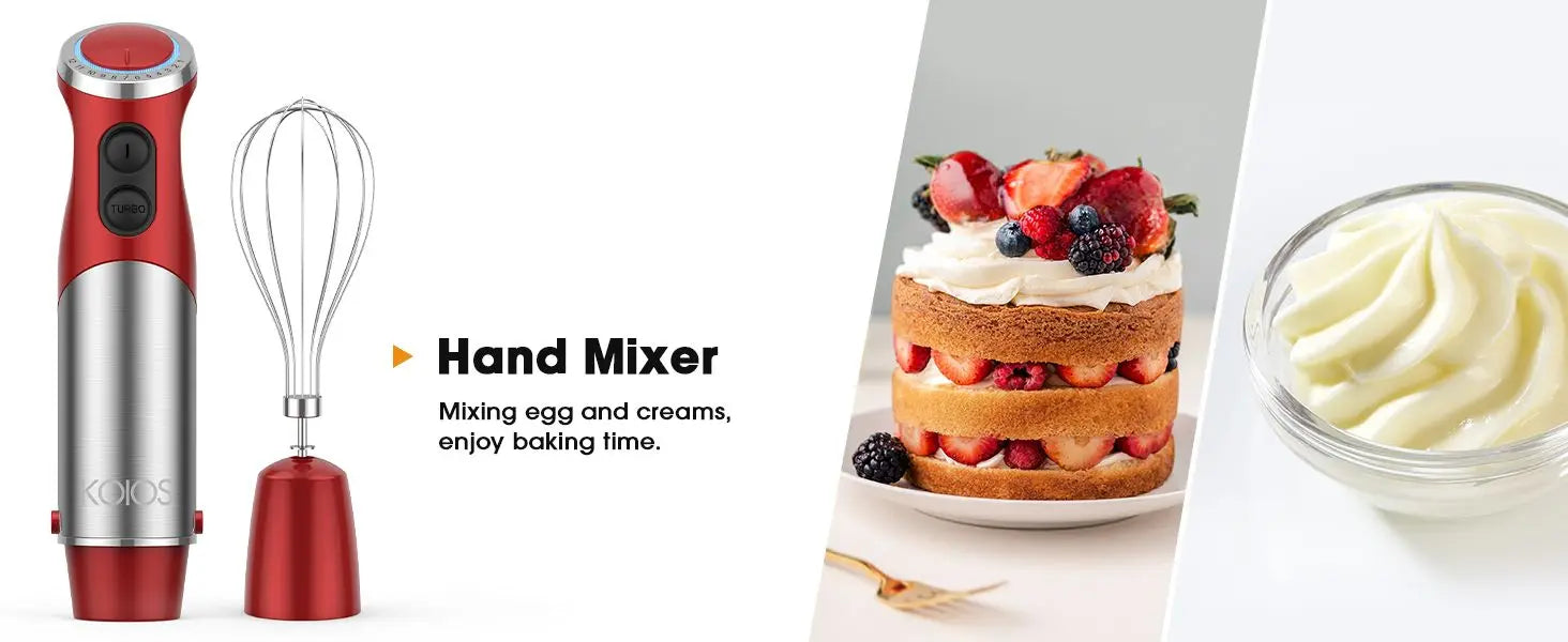 5-in-1 Hand Immersion Blender, 1000W 12 Speed Handheld Blender, Copper Motor Stainless Steel Blade Stick Blender,600ml Mixing Beaker,500ml Food Processor, Whisk, Milk Frother, BPA-Free, Red