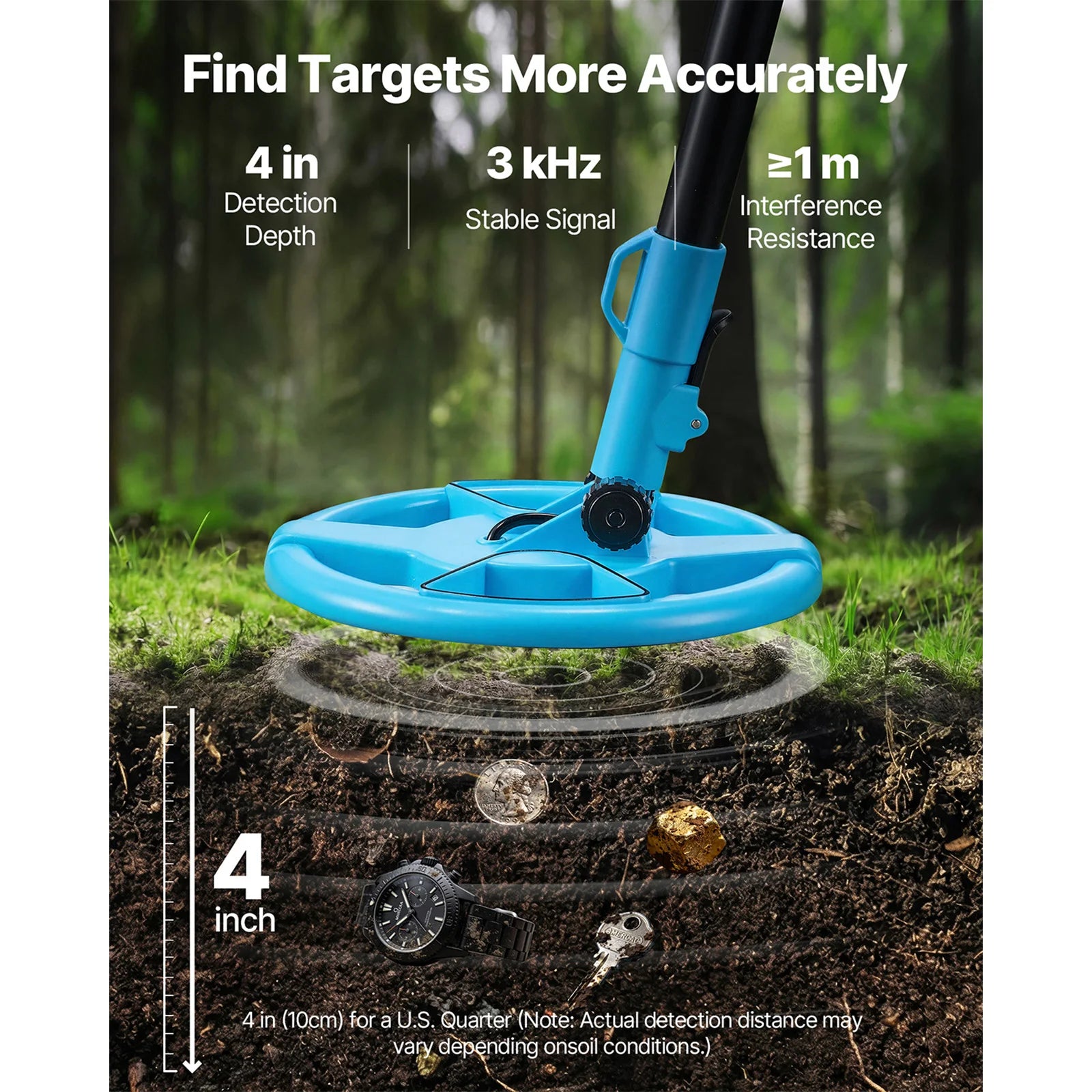 SucceBuy Metal Detector 4" Lightweight LCD 6" IP68 Waterproof Search Coil Adjustable 25.6-36.6" Accuracy For Gold Exploration