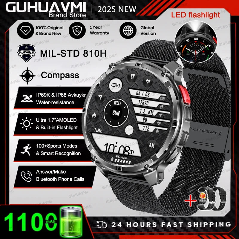 Outdoor Bluetooth Anruf-Smartwatch mit Kompass & Taschenlampenfunktion