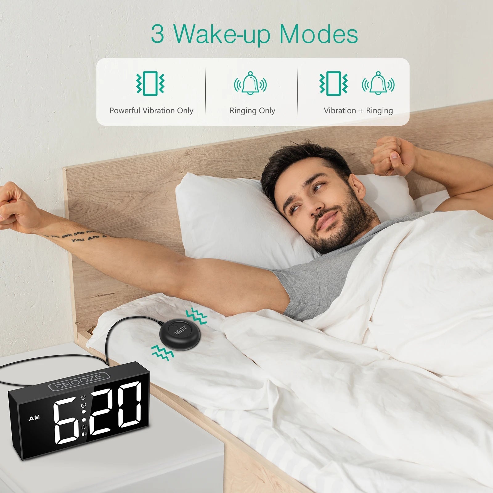 ORIA Vibrating Alarm Clock 7.5'' Large Display LED Clock Loud Alarm Clock with Bed Shaker for Heavy Sleepers Hearing Impaired 