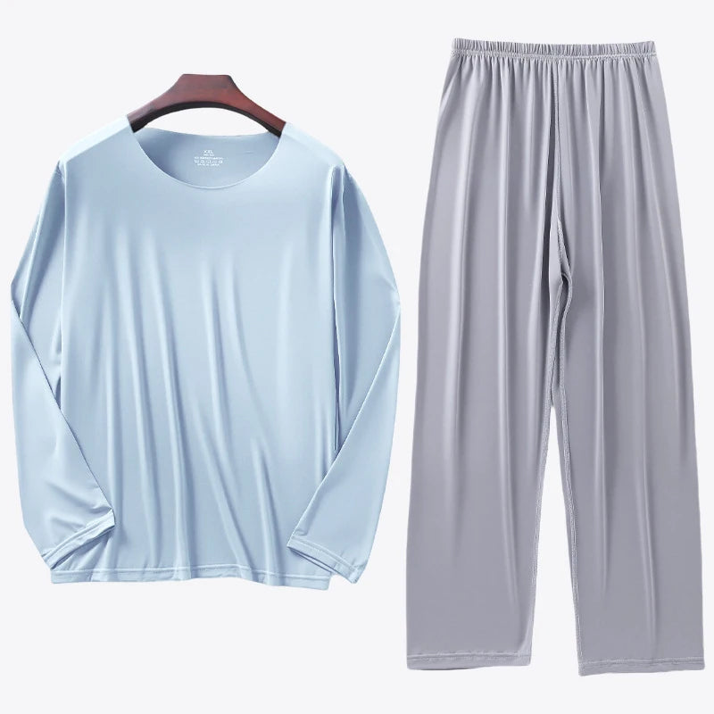 Men's Ice Silk Pyjama Set with Long Sleeve Top and Elastic Waist