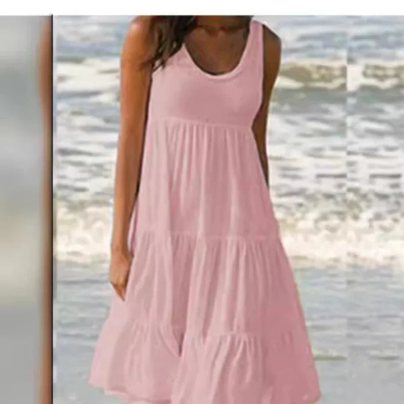 Bohemian Women's Casual O Neck Sleeveless Ruffle Mini Dress Solid Color Beach Tank Top Oversized Loose Dress Plus Size Women3029 