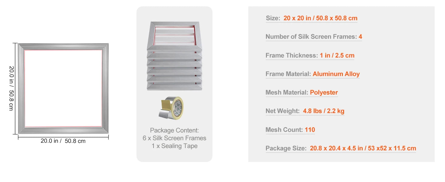 20x20in Aluminum Screen Printing Frame Kit with 110 Mesh Set