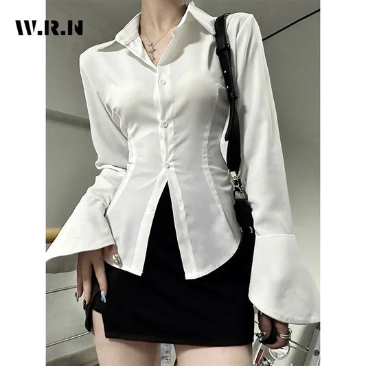 Women Sexy Solid Color Slim Chiffon Shirt Turn-down Collar Flare Sleeve Tunic Bandage Design Vintage Female Blouses Spring 2024
