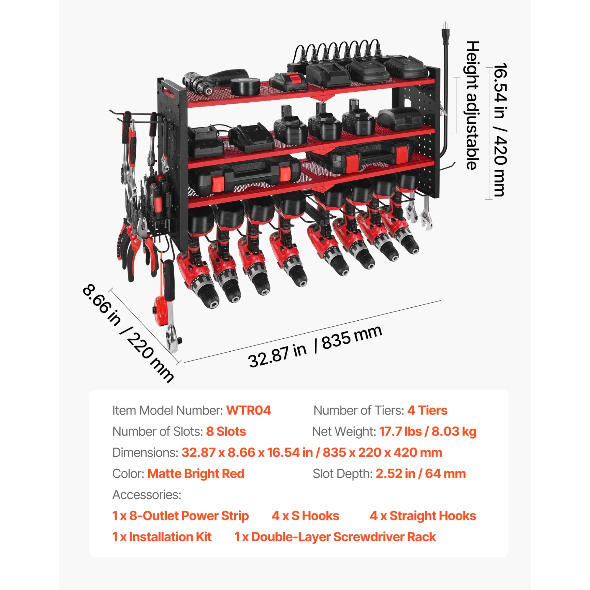 3-Tier Wall Mounted Power Tool Organizer with Charging Station