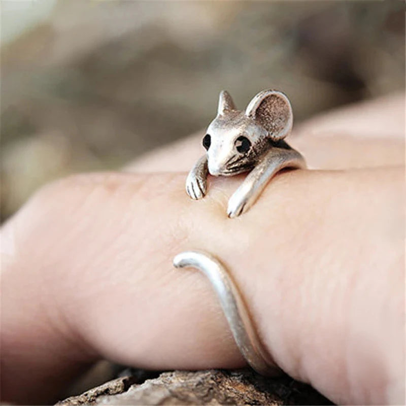 Huitan Vintage Mouse Animal Finger Ring for Women Antique Silver Color Gothic Girls Knuckle Rings Fancy Gift 2023 Hot Jewelry 