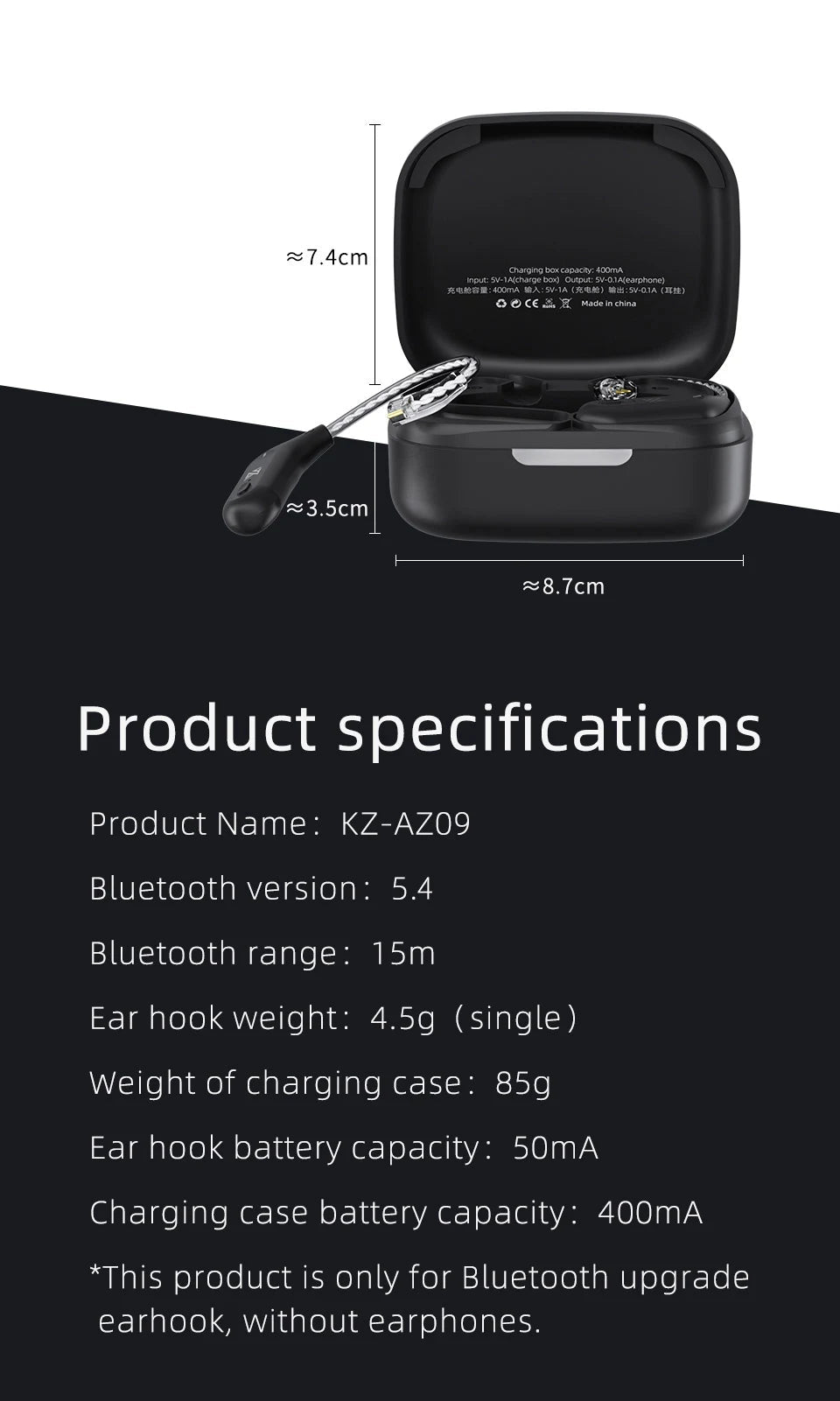 KZ AZ09 Wireless Upgrade Cable Bluetooth-compatible 5.2 HIFI Wireless Ear Hook C PIN Connector With Charging Case 