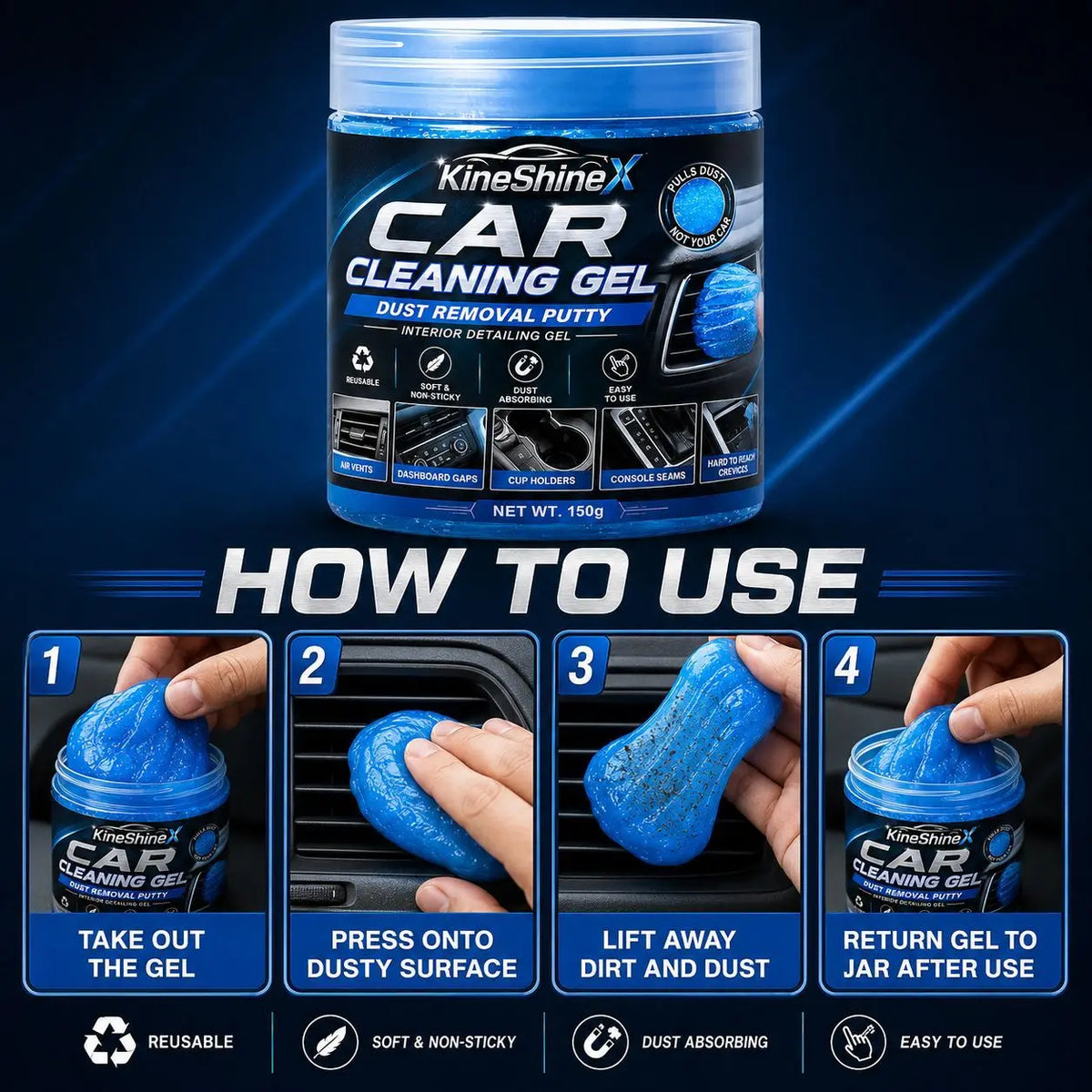 Gel nettoyant réutilisable pour l’intérieur de voiture, 150g