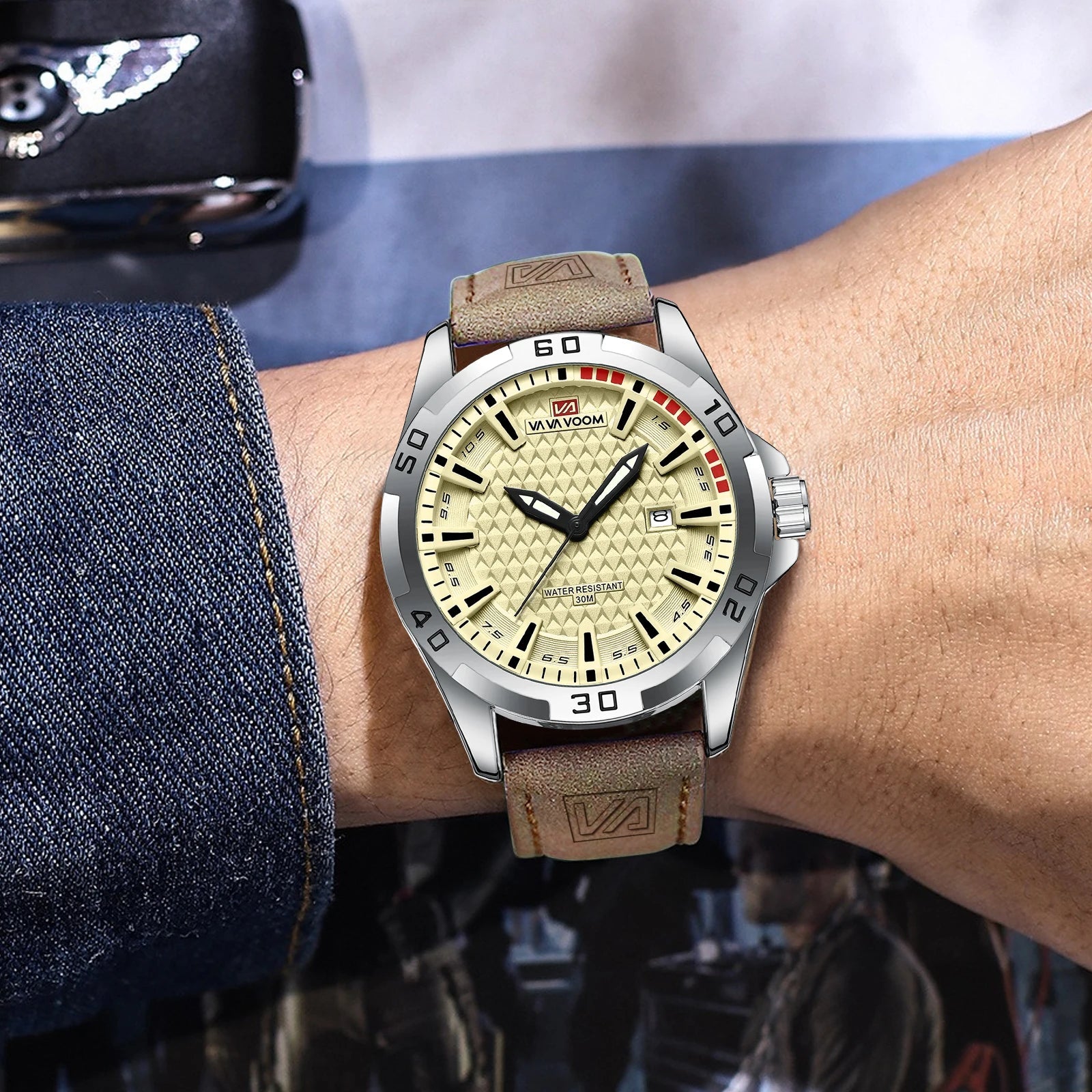 VA VA VOOM Men Casual Sport Military Quartz Calendar Wrist Watch for Man Business Leather Waterproof Male Clock Relogio Masculin 