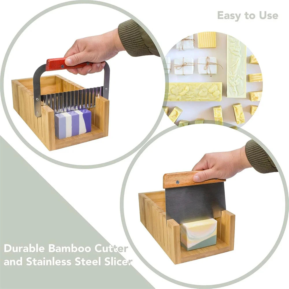 Kit de Fabrico de Sabão Artesanal DIY Corte de Bamboo e Caixa Interior com Molde de Silicone Fio de Aço Inoxidável Cortador Reto e Cortador Ondulado