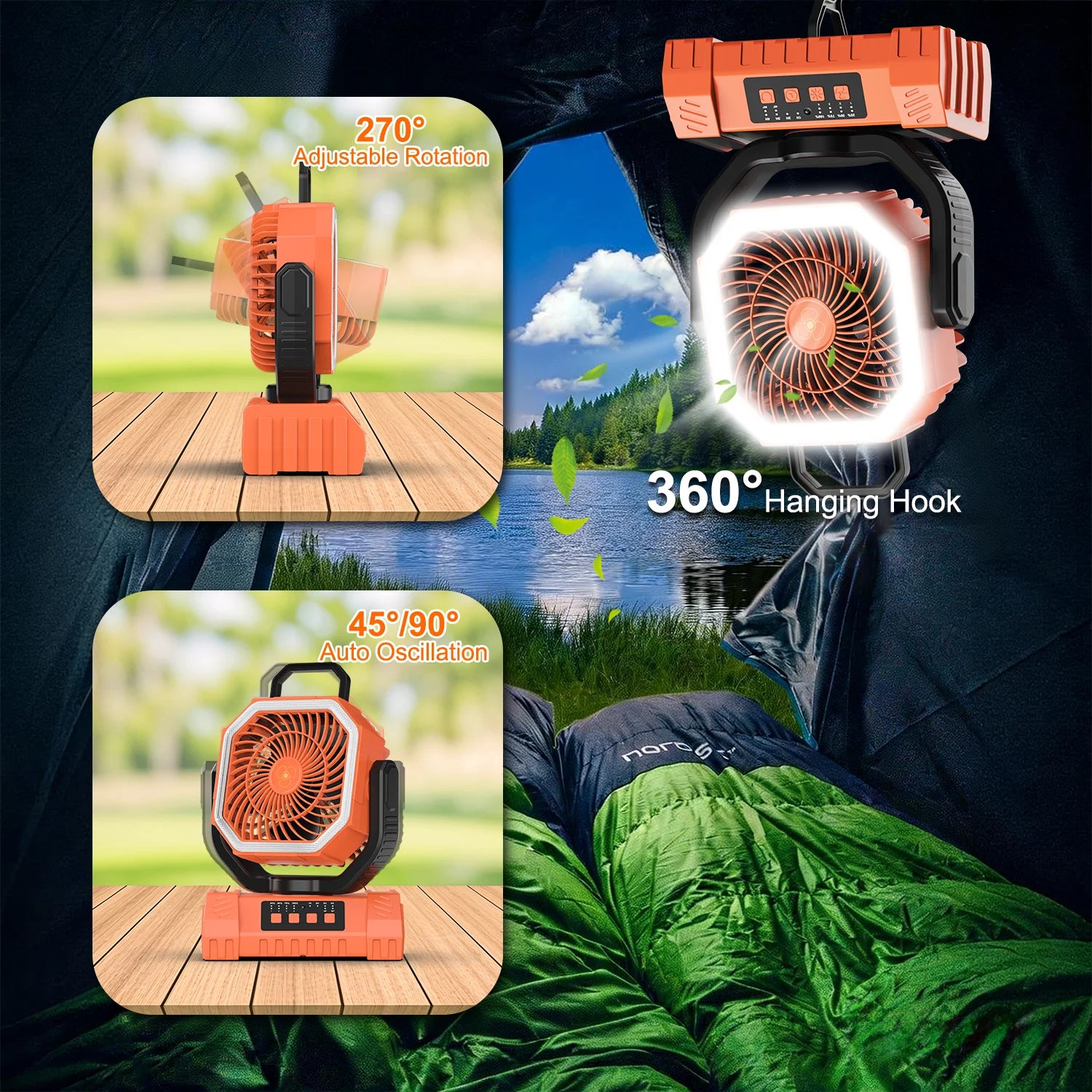 20000mAh Rechargeable Camping Fan with Auto Oscillation, Remote, Timer and LED Lantern