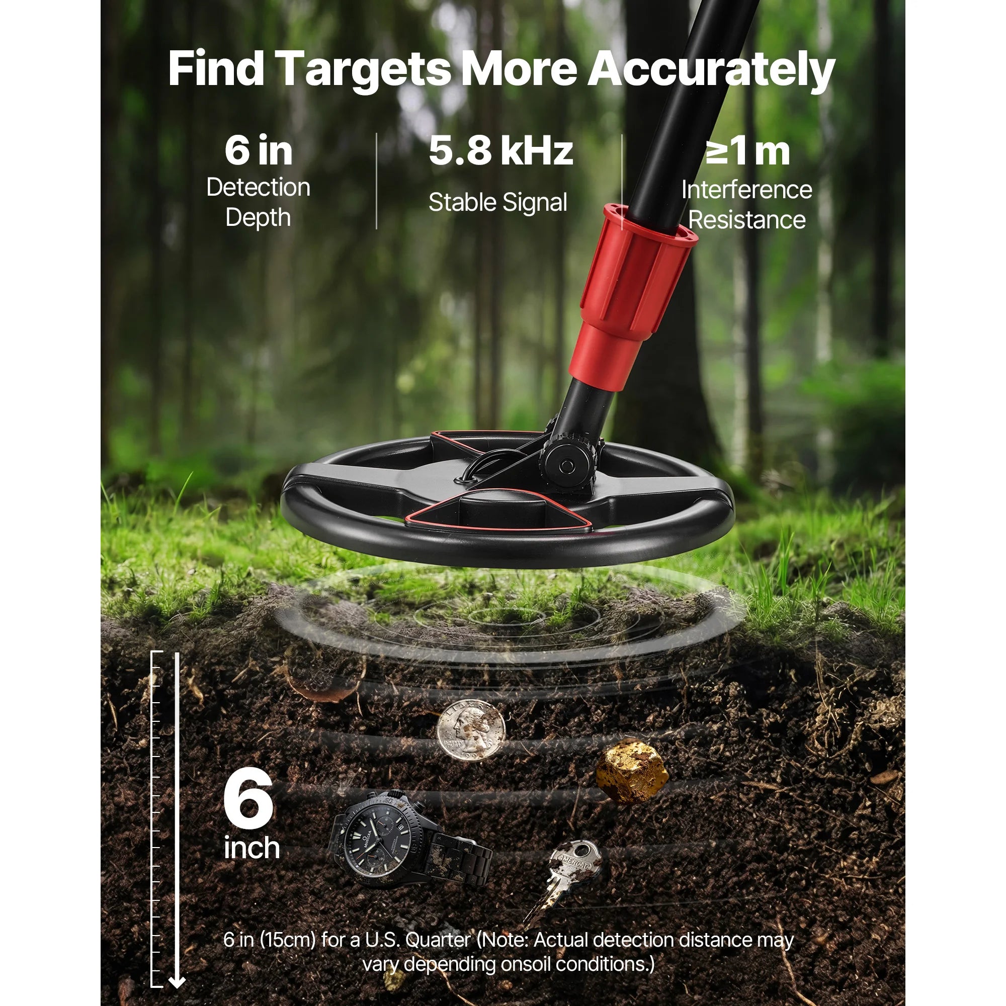 SukceBuy Metal Detektor 6" Lekki Wyświetlacz LCD IP68 Wodoodporny cewka wyszukująca Regulowana długość 22,8–33,8" Wysoka precyzja do polowania
