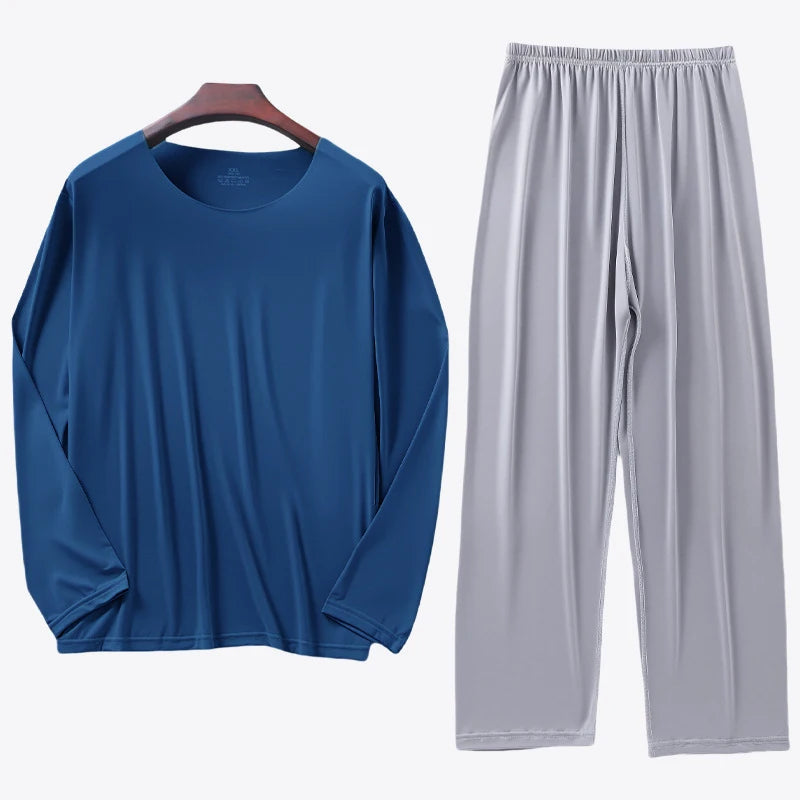 Men's Ice Silk Pyjama Set with Long Sleeve Top and Elastic Waist