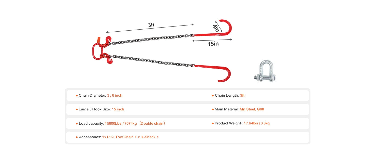 G80 V Bridle Tow Chain with J Hooks & Grab Hooks 15600 lbs