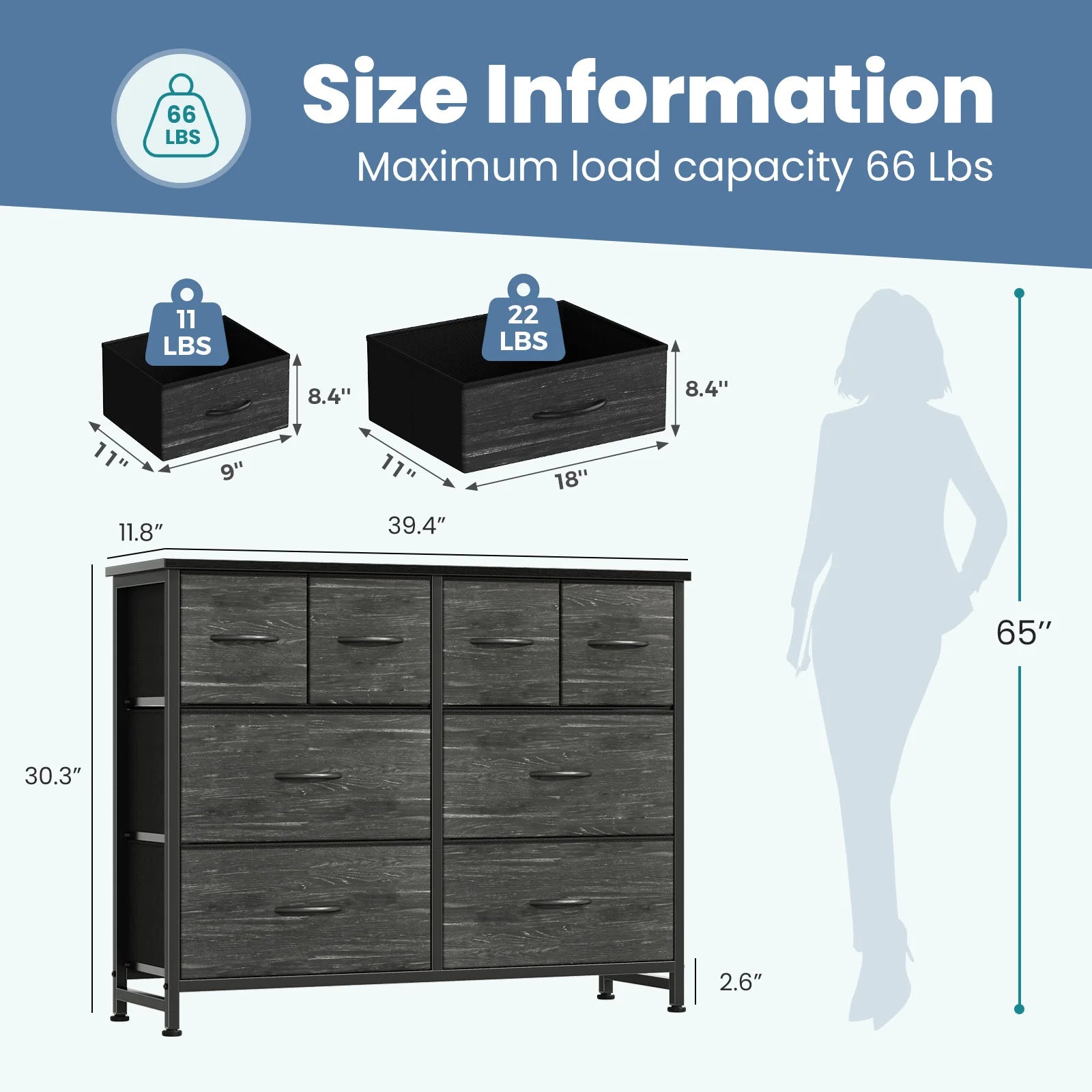 9-Drawer TV Stand Storage Cabinet with Fabric Bins and Wood Top