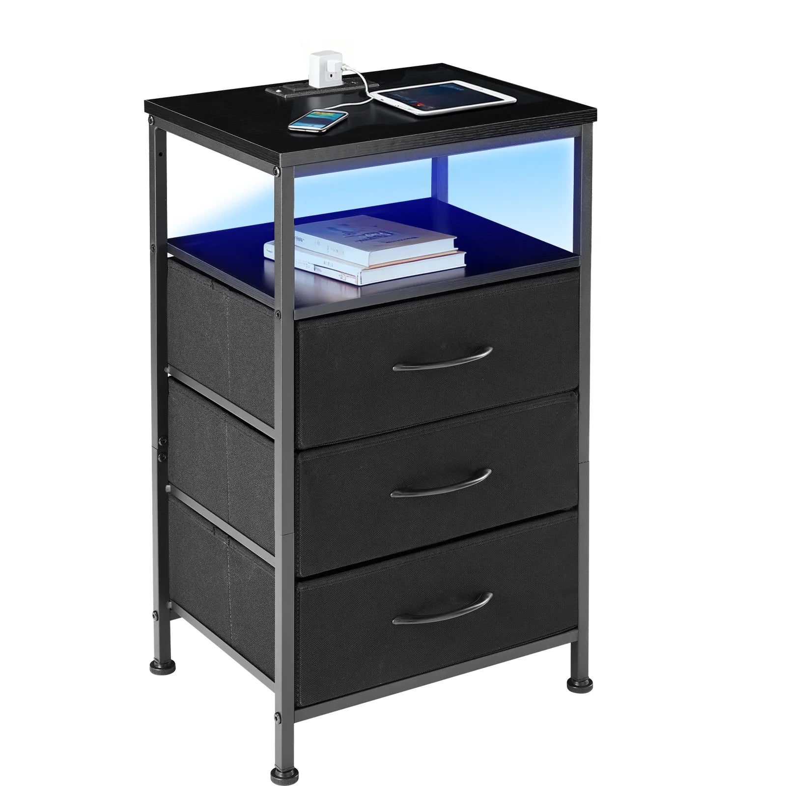 Nightstand with Charging Station, LED Light & 3 Fabric Drawers
