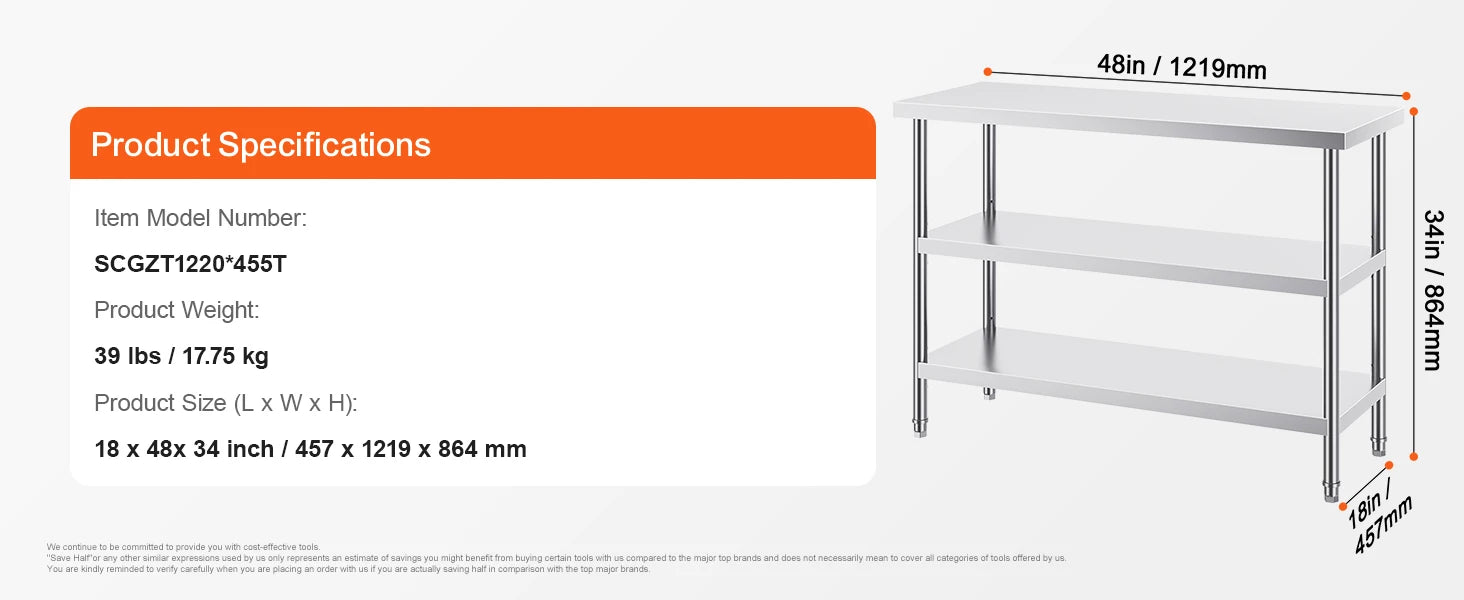 Stainless Steel Food Prep Table with Adjustable Shelves for Kitchen