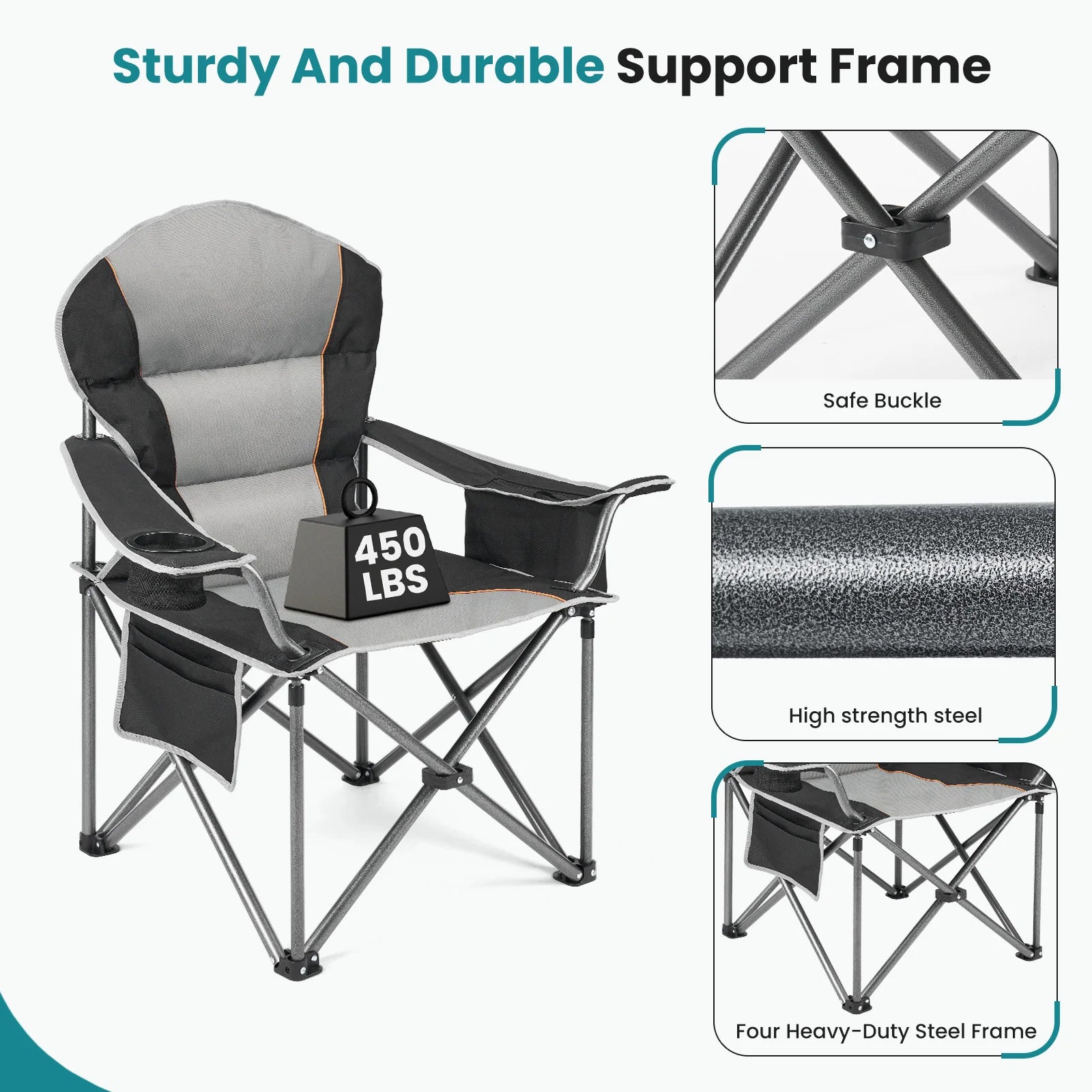 Chaise de camping robuste JHK capacité 450 lbs, chaise pliante portable avec porte-gobelet, cadre en acier solide, chaise d'extérieur pour camping