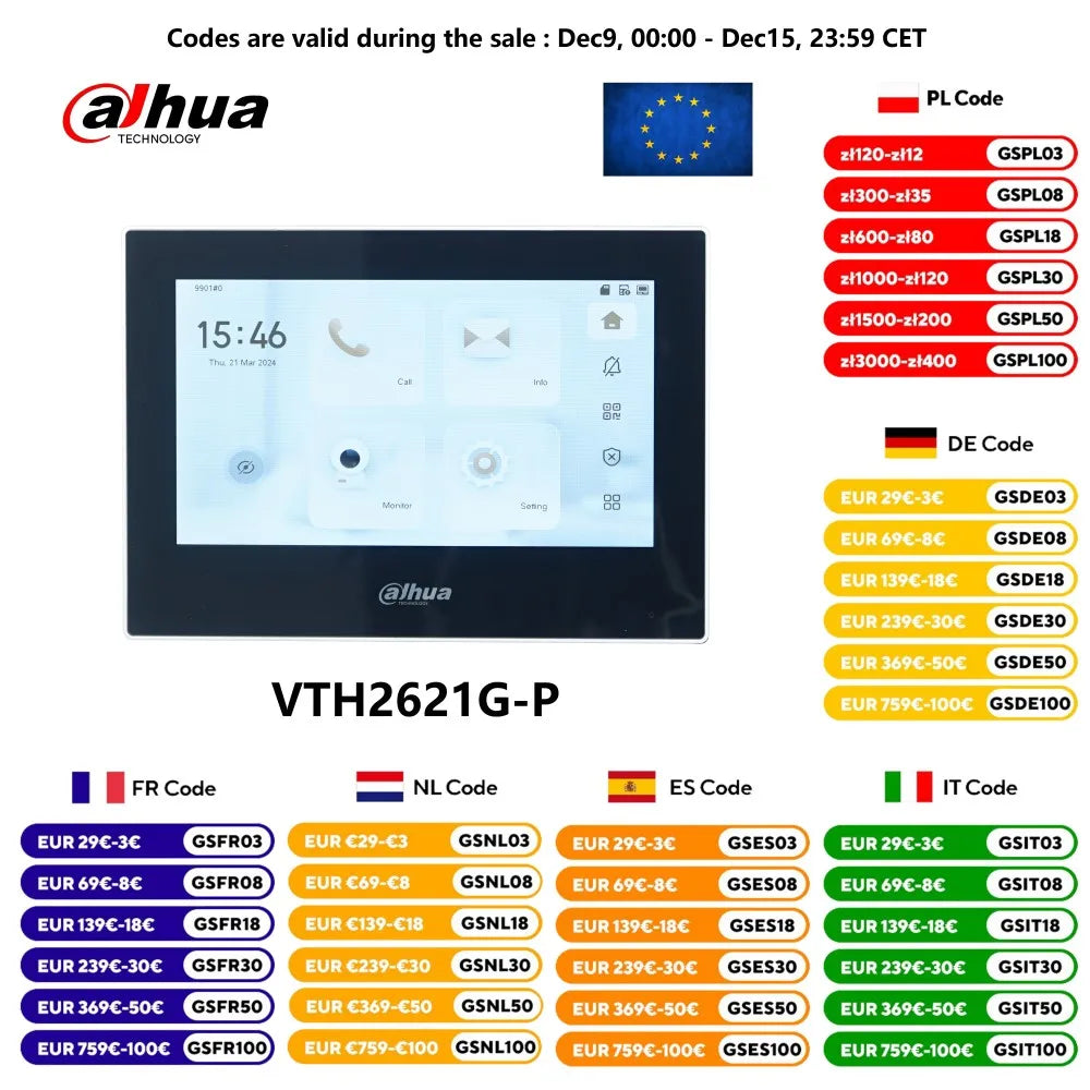 Dahua VTH2621GW-P / VTH2621G-P 802.3af PoE 7inch Touch Indoor Monitor,doorbell Monitor,Video Intercom, Built-in 32GB SD card Spy-shop.com